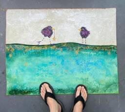 Little Birds Floor Cloth Aqua Blue Abstract Hand-Painted Rug - thumbnail 1
