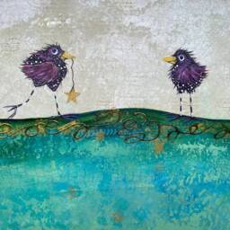 Little Birds Floor Cloth Aqua Blue Abstract Hand-Painted Rug - thumbnail 2