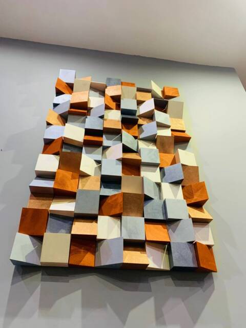Geometric Wood Wall Sculpture Metallic Mosaic Art, Rose Gold Decor - image 1