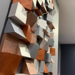 Geometric Wood Wall Sculpture Metallic Mosaic Art, Rose Gold Decor - thumbnail 2