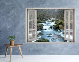 River Landscape Window 3D Wall Decal Art Removable Wallpaper Mountain Forest Mural Sticker Vinyl Home Decor - thumbnail 1