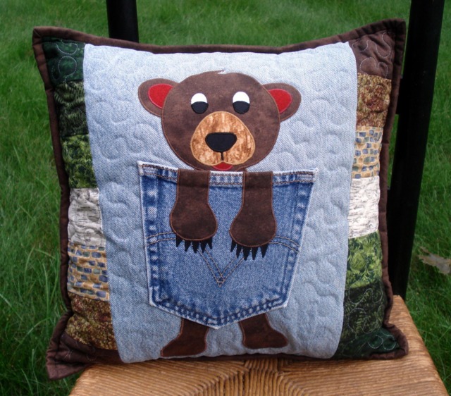 Green & Brown Cozy Bear Recycled Denim Quilted Pocket Pillow - image 1