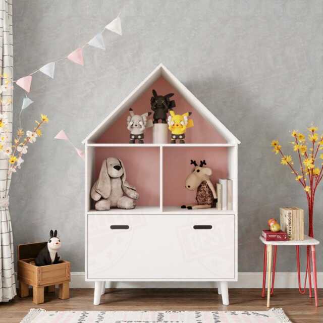 Kids House Shaped Bookshelf With Drawer Montessori Toy Storage Nursery Bookcase Organizer - image 1