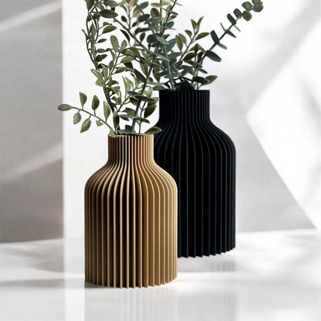 Ribbed Flower Vase - Modern Home Decor Two Sizes White, Black, Wood - image 1
