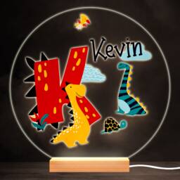 Dinosaur Alphabet Letter K Colourful Round Personalised Gift Lamp Night Light - Bedroom