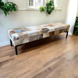 Genuine Patchwork Cowhide & Steel Bench Ottoman, Handcrafted Modern Seating, Premium Quality - Lfb70