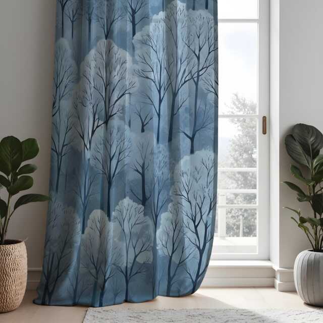 Blue Woodland Curtains, Snowy Forest Tree Pattern Drapes, Custom Made Window Panels For Cozy Winter Home Interiors - image 1