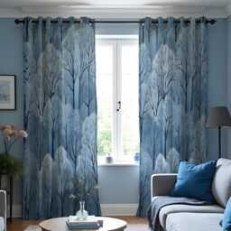 Blue Woodland Curtains, Snowy Forest Tree Pattern Drapes, Custom Made Window Panels For Cozy Winter Home Interiors - thumbnail 2