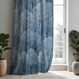 Blue Woodland Curtains, Snowy Forest Tree Pattern Drapes, Custom Made Window Panels For Cozy Winter Home Interiors