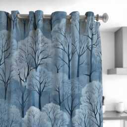 Blue Woodland Curtains, Snowy Forest Tree Pattern Drapes, Custom Made Window Panels For Cozy Winter Home Interiors - thumbnail 3