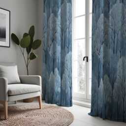 Blue Woodland Curtains, Snowy Forest Tree Pattern Drapes, Custom Made Window Panels For Cozy Winter Home Interiors - thumbnail 4