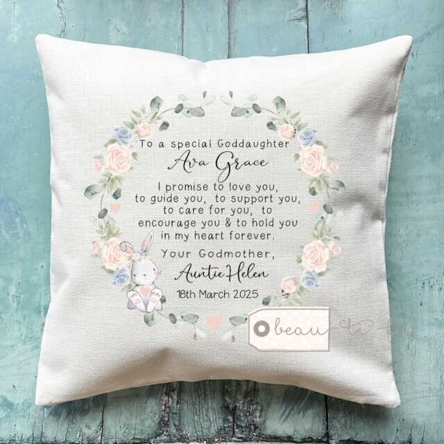 Personalised Christening Baptism Gift Promise To Godchild Godson Goddaughter Bunny Rabbit Woodland Linen Style Cushion Godparent Godmother - image 1