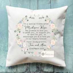 Personalised Christening Baptism Gift Promise To Godchild Godson Goddaughter Bunny Rabbit Woodland Linen Style Cushion Godparent Godmother - thumbnail 2