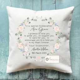 Personalised Christening Baptism Gift Promise To Godchild Godson Goddaughter Bunny Rabbit Woodland Linen Style Cushion Godparent Godmother