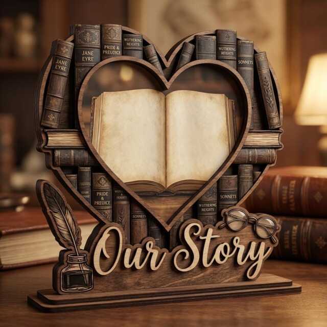 Our Story Wooden Heart Photo Frame Book Lover Gift Literary Home Decor Anniversary Wedding Personalized Bookish Picture - image 1