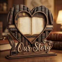Our Story Wooden Heart Photo Frame Book Lover Gift Literary Home Decor Anniversary Wedding Personalized Bookish Picture - thumbnail 1