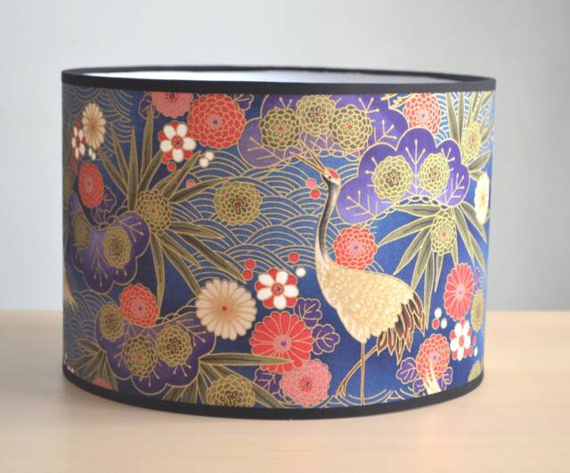 Round Japanese Fabric Lampshade in Blue & Gold With A Crane Bird Multicolored Flower, Table Lamp, Floor Pendant Light - image 1