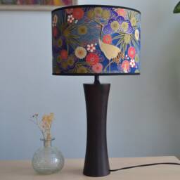 Round Japanese Fabric Lampshade in Blue & Gold With A Crane Bird Multicolored Flower, Table Lamp, Floor Pendant Light - thumbnail 2