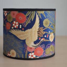 Round Japanese Fabric Lampshade in Blue & Gold With A Crane Bird Multicolored Flower, Table Lamp, Floor Pendant Light - thumbnail 3