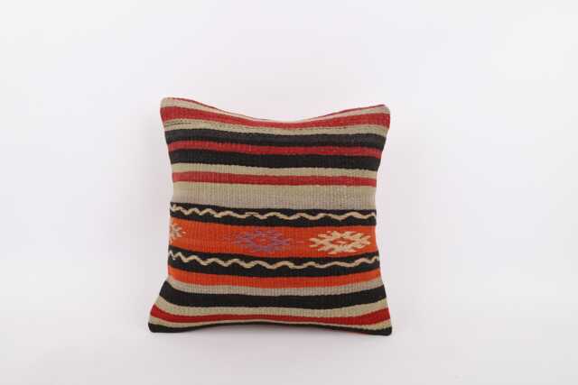 Handwoven Anatolian Kilim Pillow Striped Wool Cushion Cover - 16x16 - image 1