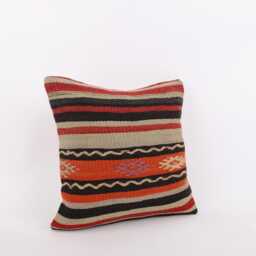 Handwoven Anatolian Kilim Pillow Striped Wool Cushion Cover - 16x16 - thumbnail 3