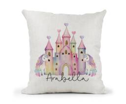 Personalised Girls Unicorn Castle Hearts , Princess Castle Cream Canvas Cushion, Scatter Home Decor, Children's - thumbnail 1