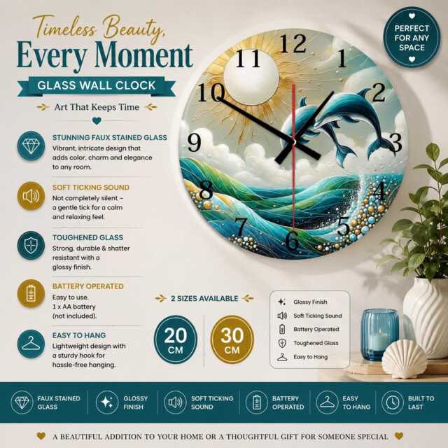 Dolphin Glass Wall Clock - Quiet Ocean 20cm/30cm Sea Life Home Decor - image 1