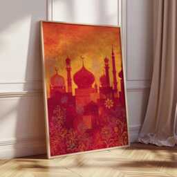 Golden Mughal Skyline Print, Oriental Palace Silhouette Wall Art, Sunset Red Architecture Poster, Exotic Boho Home Decor - thumbnail 2