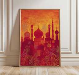 Golden Mughal Skyline Print, Oriental Palace Silhouette Wall Art, Sunset Red Architecture Poster, Exotic Boho Home Decor - thumbnail 1
