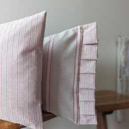French Country Stripe Cushion Cover Raspberry Red Striped Linen Look - thumbnail 2