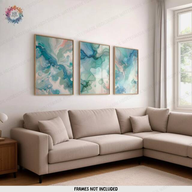Blue & Green Fluid Print Set - Living Room Wall Art - Home Decor Of 3 Prints Colourful Liquid Artwork Modern Ink Poster - image 1
