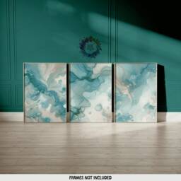 Blue & Green Fluid Print Set - Living Room Wall Art - Home Decor Of 3 Prints Colourful Liquid Artwork Modern Ink Poster - thumbnail 2