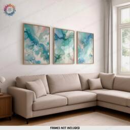 Blue & Green Fluid Print Set - Living Room Wall Art - Home Decor Of 3 Prints Colourful Liquid Artwork Modern Ink Poster - thumbnail 1