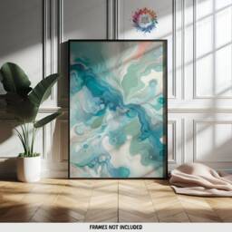 Blue & Green Fluid Print Set - Living Room Wall Art - Home Decor Of 3 Prints Colourful Liquid Artwork Modern Ink Poster - thumbnail 3