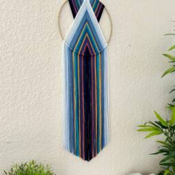 Blue Macrame Wall Hanging, Art Deco Tapestry, Woven Yarn Hoop - thumbnail 3