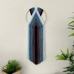 Blue Macrame Wall Hanging, Art Deco Tapestry, Woven Yarn Hoop