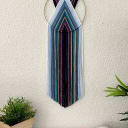 Blue Macrame Wall Hanging, Art Deco Tapestry, Woven Yarn Hoop - thumbnail 4