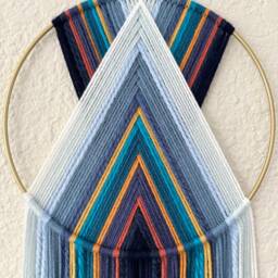 Blue Macrame Wall Hanging, Art Deco Tapestry, Woven Yarn Hoop - thumbnail 2