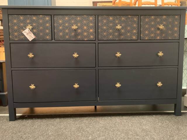 Ikea Hemnes 8 Chest Of Drawers Painted Bespoke Stencilled Navy & Gold Geometric - image 1