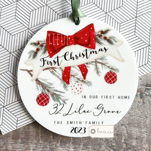 Personalised First Christmas At Address in New Home House Home Gift Bauble Tree Design Acrylic Or Ceramic Round Ornament Keepsake