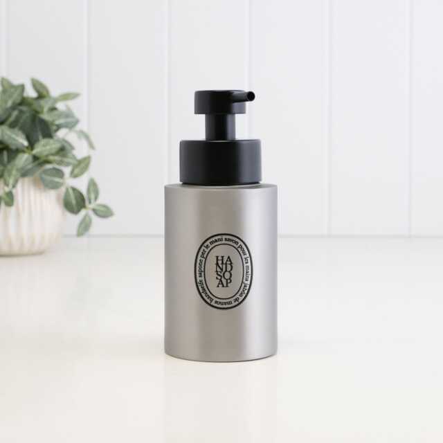 Brushed Stainless Steel Soap Dispenser With Black Oval Label - Refillable Metal Hand Pump Bottle Sustainable Bathroom Accessory 250Ml - image 1