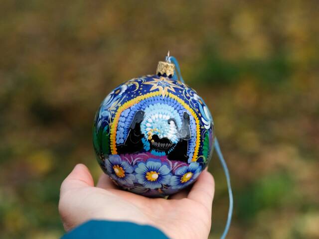 Hand-Painted Nativity Scene Ornament, Ukrainian Christmas Blue Flower Bauble Unique Tree Ball With Petrykivka Painting - image 1