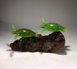 Sea Turtle Sculpture By John Perry Duo Jade On Burlwood Statue Decor - thumbnail 1