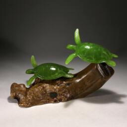 Sea Turtle Sculpture By John Perry Duo Jade On Burlwood Statue Decor - thumbnail 3
