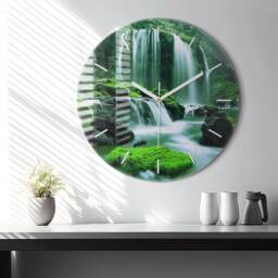 Waterfall Among Moss Glass Clock, Green Unique Wall Landscape Round Personalized Modern Clock - thumbnail 1