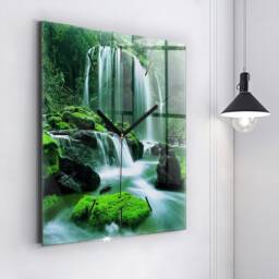 Waterfall Among Moss Glass Clock, Green Unique Wall Landscape Round Personalized Modern Clock - thumbnail 2