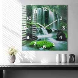 Waterfall Among Moss Glass Clock, Green Unique Wall Landscape Round Personalized Modern Clock - thumbnail 3