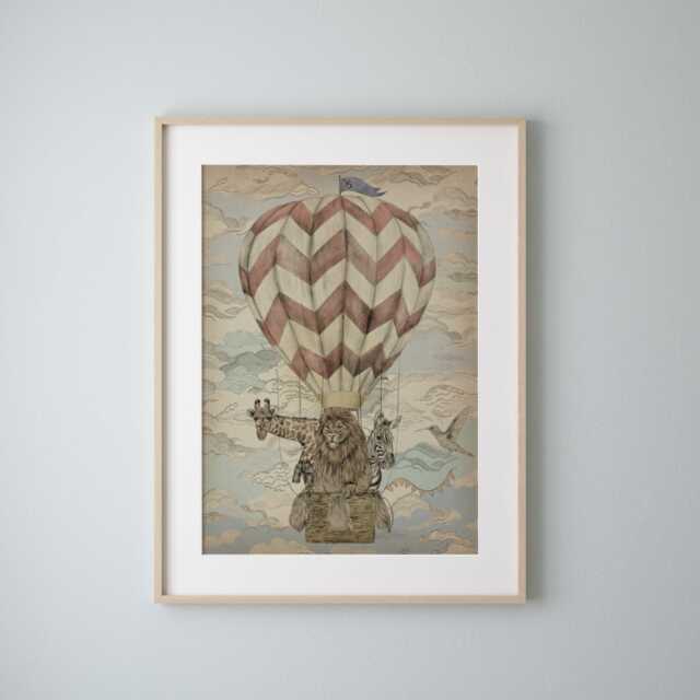 Hot Air Balloon Animal Print - Nursery Wall Art With Lion, Giraffe & Zebra Vintage Adventure Kids Room Poster - image 1