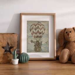 Hot Air Balloon Animal Print - Nursery Wall Art With Lion, Giraffe & Zebra Vintage Adventure Kids Room Poster - thumbnail 3