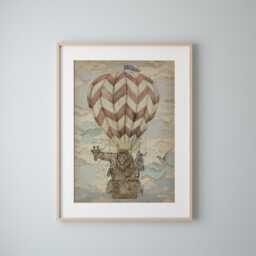 Hot Air Balloon Animal Print - Nursery Wall Art With Lion, Giraffe & Zebra Vintage Adventure Kids Room Poster - thumbnail 1
